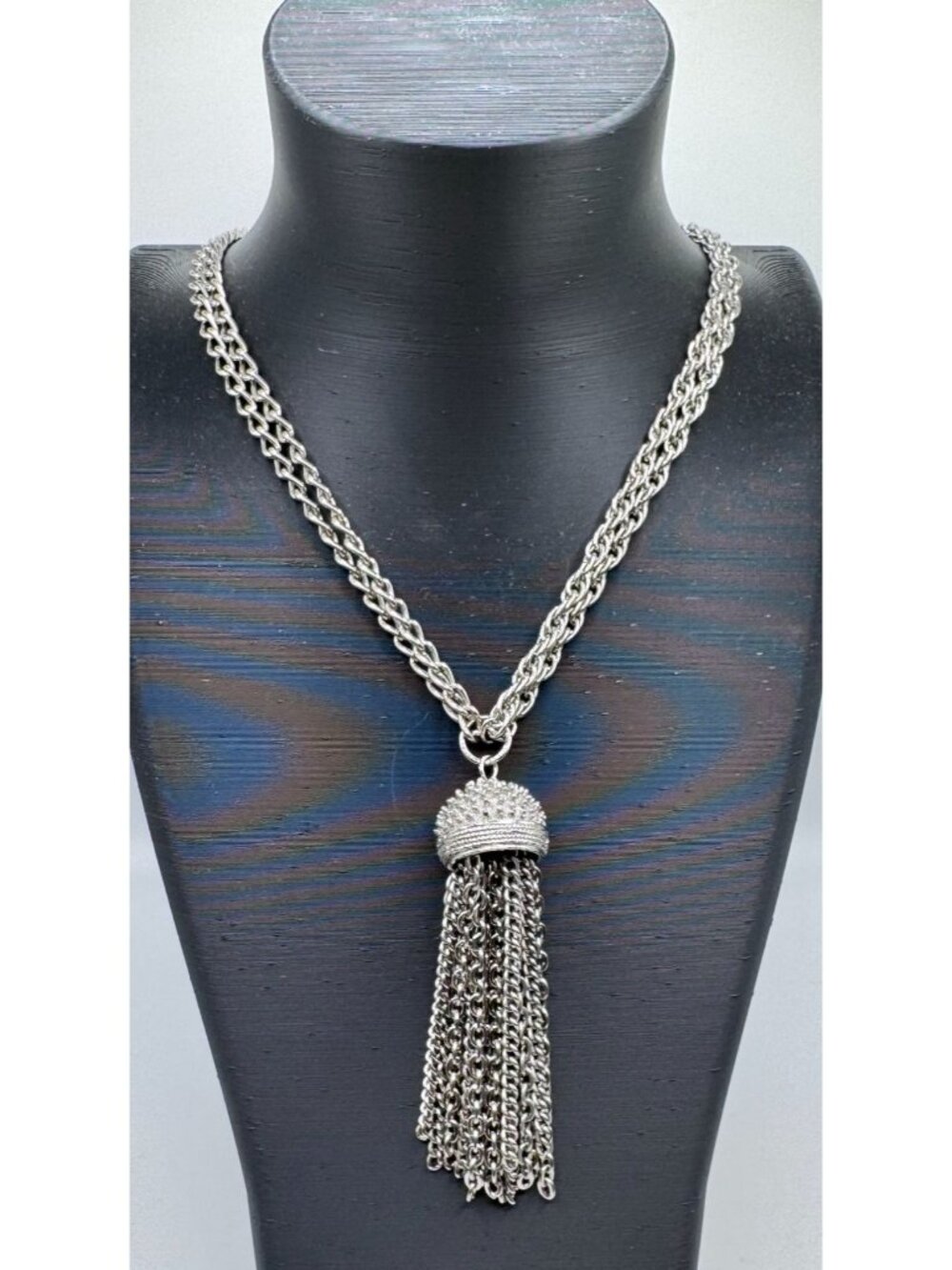 Silver Tone Double Chain Necklace Tassel Pendant 24" Long Brutalist Statement